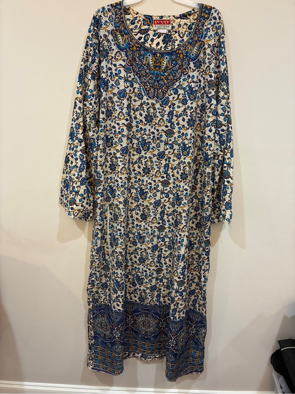 Blue and Cream Paisley Maxi Dress with Embroidered Neckline